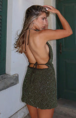 By Candlelight Beaded Mini Dress Deep Olive