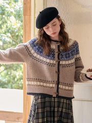 Elyse Round Neck Fair Isle 100% Wool Cardigan