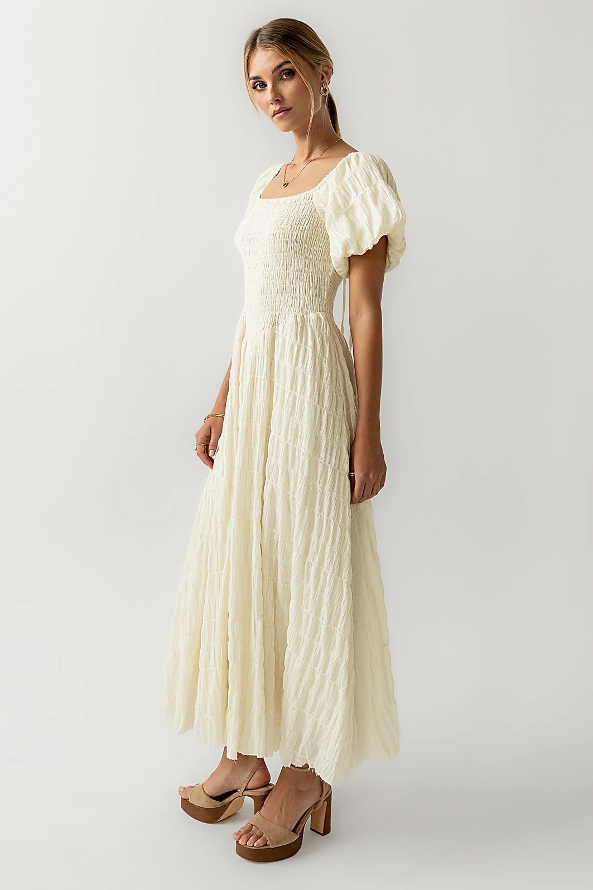 Beckie Smocked Maxi Dress in Off White