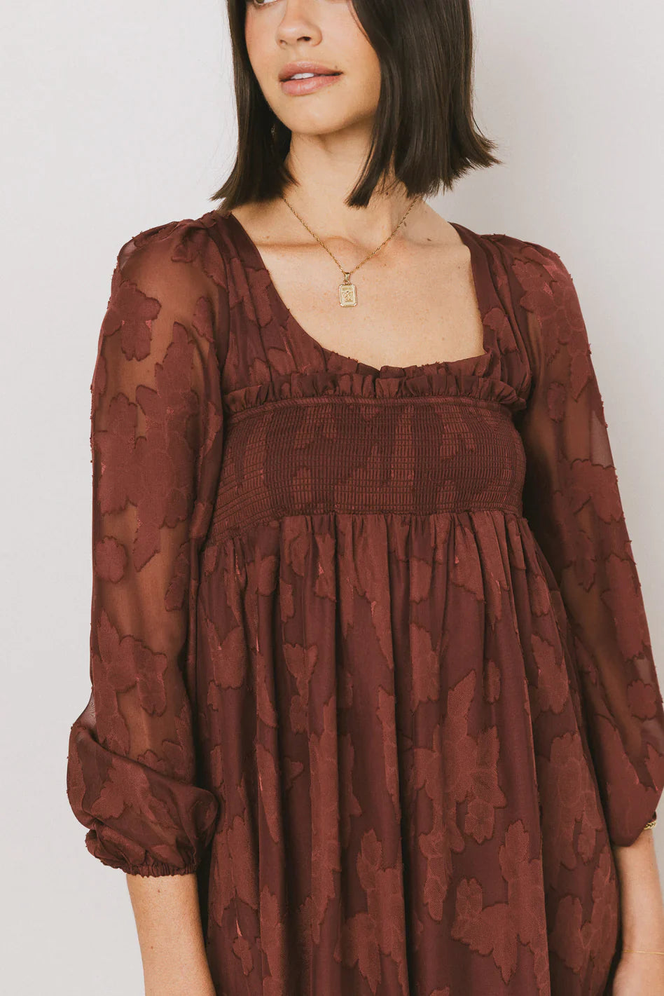 Miles Smocked Mini Dress in Red-Brown