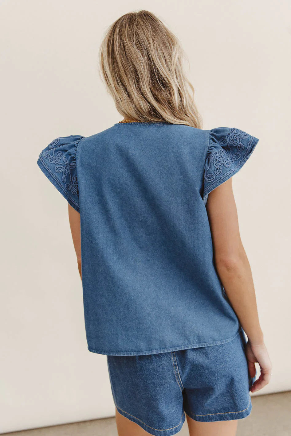 Quiney Embroidered Top in Denim